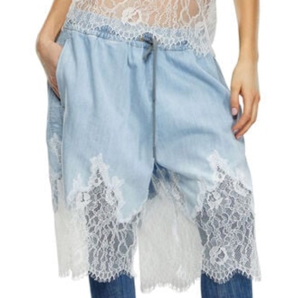 Diesel Light Blue Denim Shorts with White Lace Trim - Picture 4 of 6